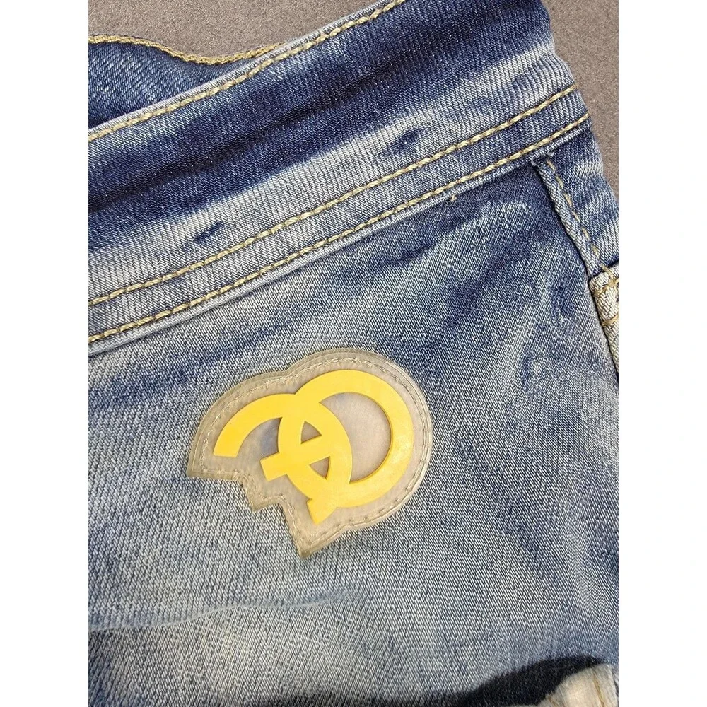 Frost Origin Shorts Mens 38 Blue Distressed Ripped Denim Yellow Patch Streetwear